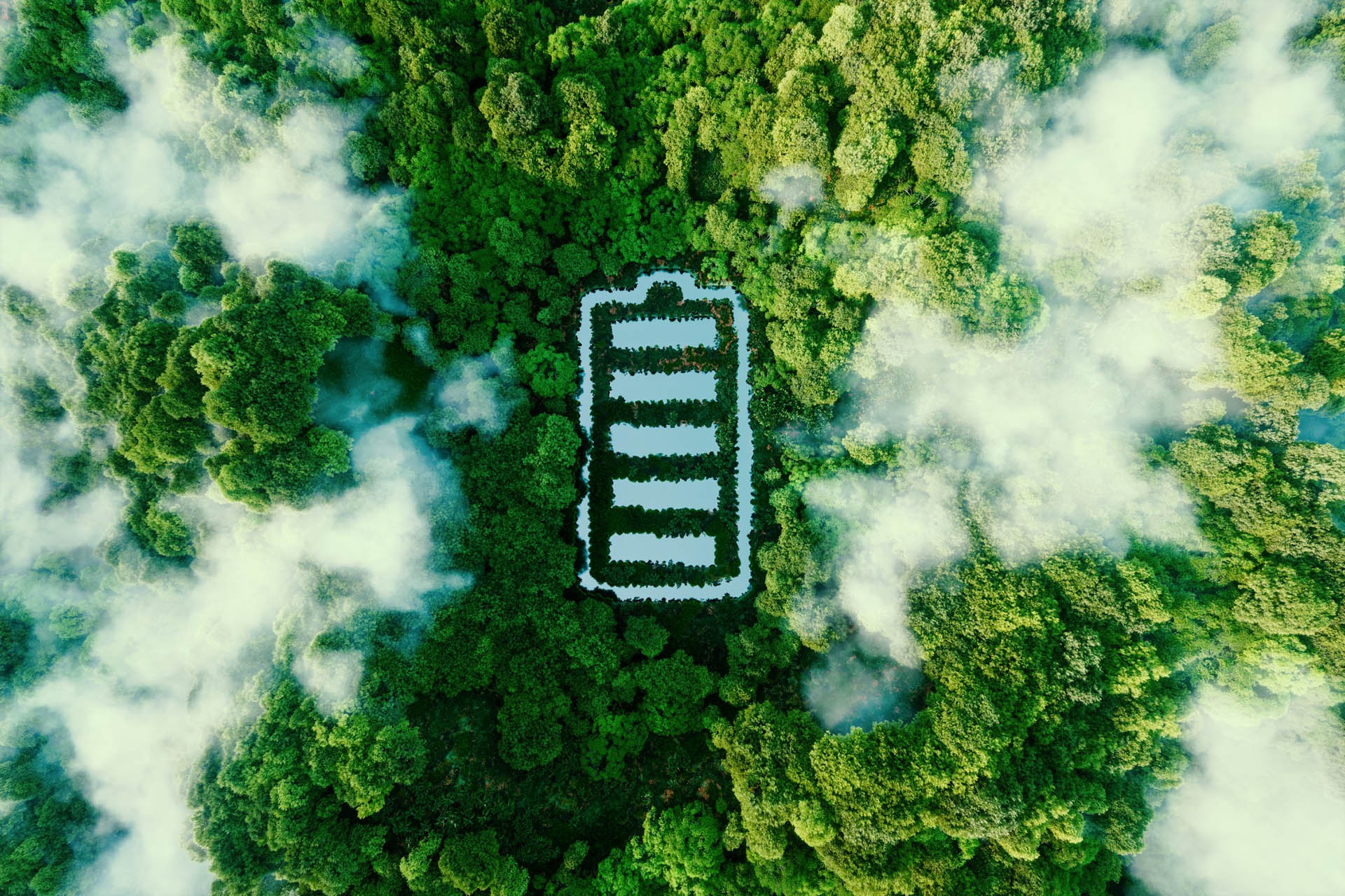 concept depicting new possibilities development ecological battery technologies green energy storage form battery shaped pond located lush forest 3d rendering terra-energys.de